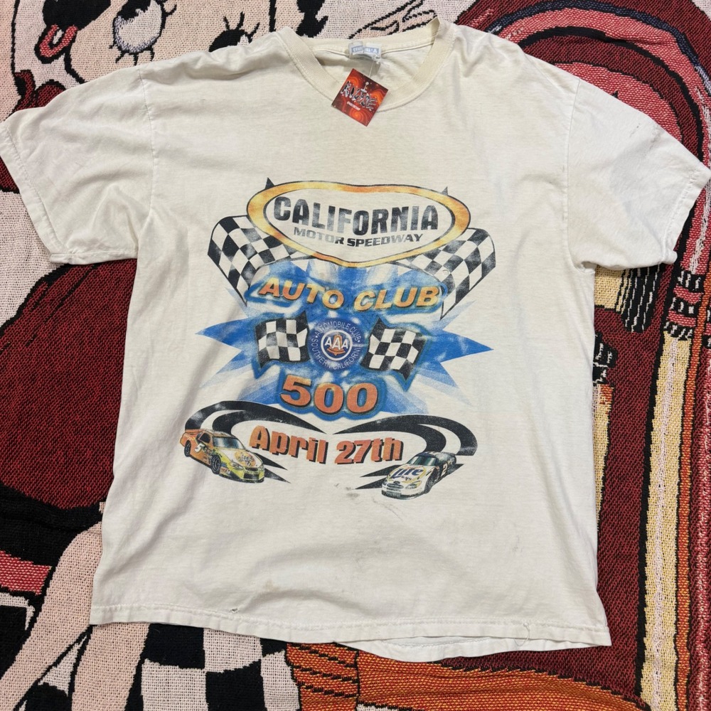 Vintage California Motor Speedway Auto Club 500 Racing T-Shirt Mens Large White